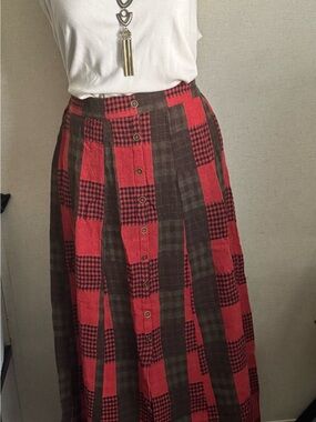 Mystree Red and Brown Patchwork Button-Front Maxi Skirt